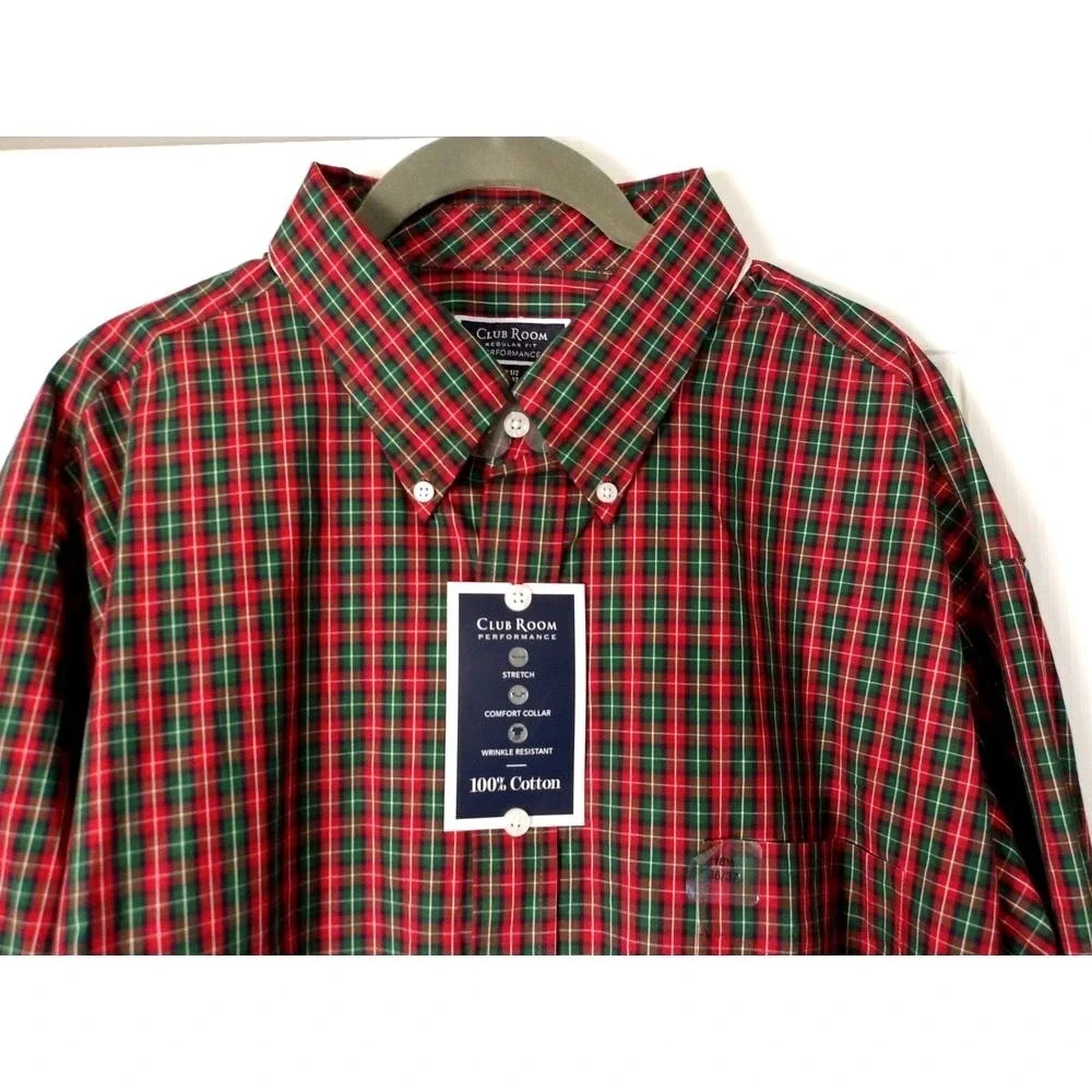 Club Room Classic-Fit Red & Green Plaid Button-Down Cotton Shirt‎ Holiday Style